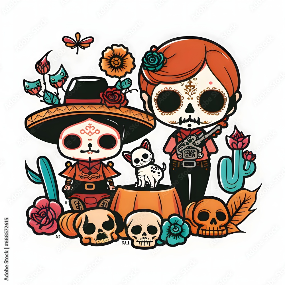 Two dark, cowboys, around the skull. For the day of the dead and Halloween, white isolated background.