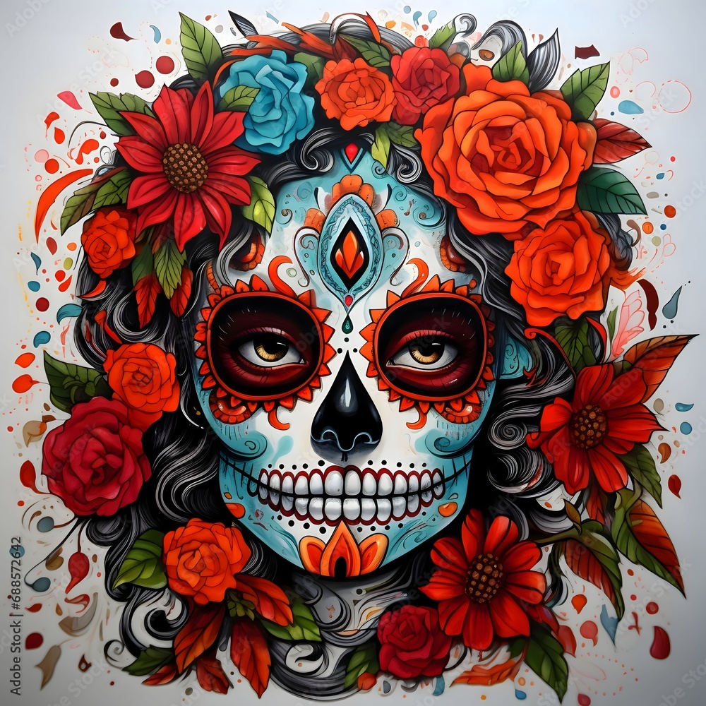 Dark painted human skull, decorated with colorful red flowers on a light background. For the day of the dead and Halloween.