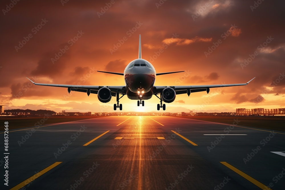 Airplane Landing In The Airport Runway With Sunset background Airplane Landing In The Airport Runway With Sunset background