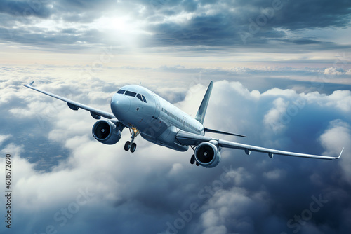 Flying Airplane In The Cloudy Sky Background