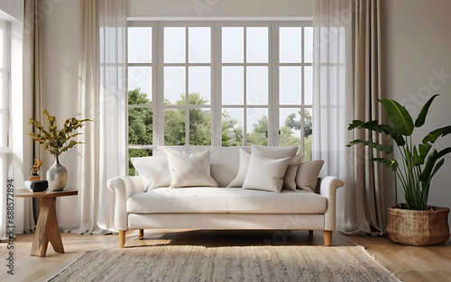 Minimalist pop art style home interior design of living room  pillows on corner sofa. Generative ai