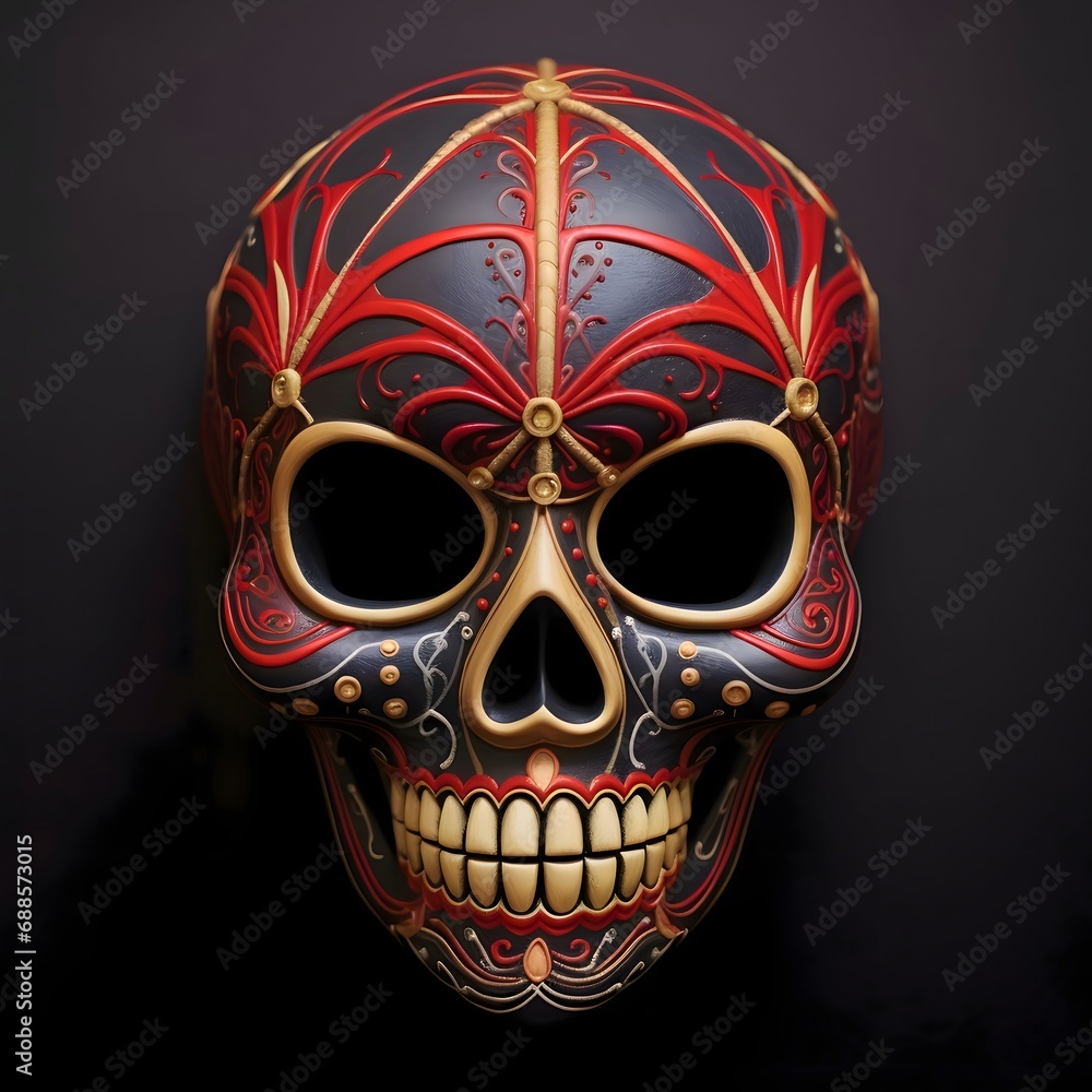 Large decorated 3D human skull on a dark background. For the day of the dead and Halloween. Large decorated 3D human skull on a dark background. For the day of the dead and Halloween.