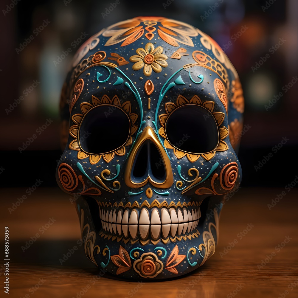 Painted, decorated 3D human skull, on a table and blurred background. For the day of the dead and Halloween.