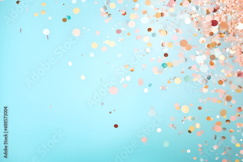 Colored sparkles on blue pastel trendy background. Festive backdrop for your projects