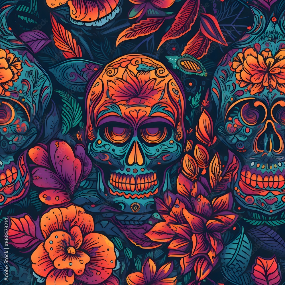 Colorful painted skulls with orange flowers as abstract background, wallpaper, banner, texture design with pattern - vector. Dark colors.
