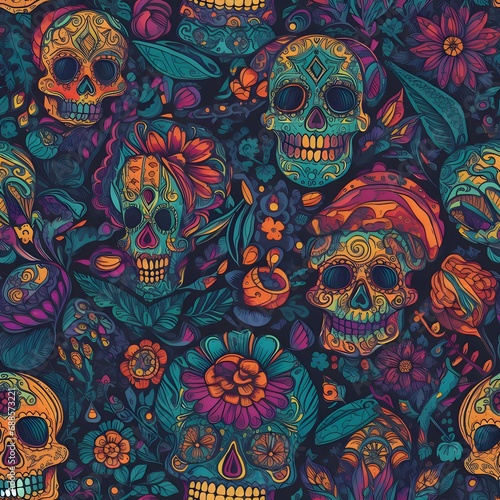 Colorful painted skulls with orange flowers as abstract background, wallpaper, banner, texture design with pattern - vector. Dark colors.