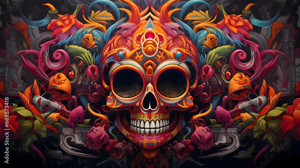 Colorful, decorated skull, human, graffiti, banner. For the day of the dead and Halloween.
