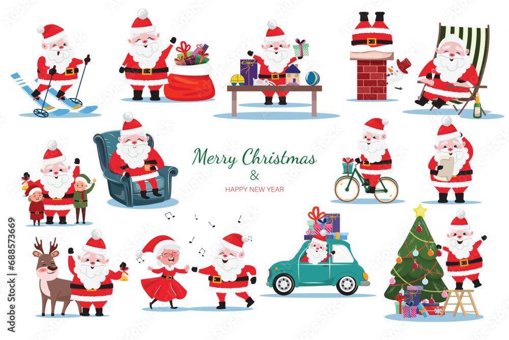 Fototapeta premium Santa Claus collection in flat cartoon style. Santa Claus in different situations and scenes.