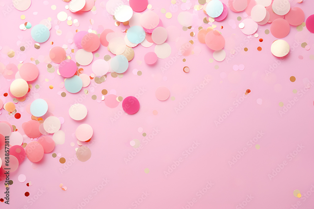 Bright colorful confetti sparkles on a pink background, generated AI