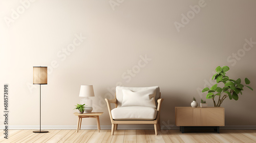 A soft, minimalist living room is showcased with a warm neutral interior wall mockup. The room features a rounded armchair in a beige shade, accompanied by a wooden side table. A vase with a palm leaf © Chaudary