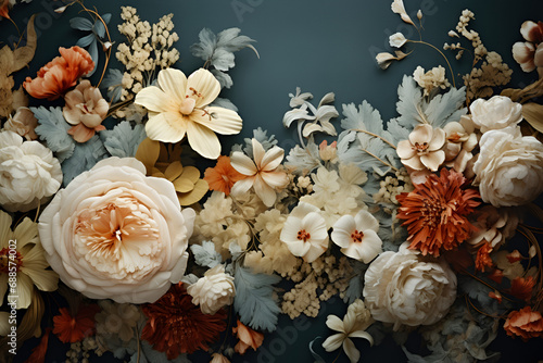 Vintage bouquet of beautiful peonies on black. Generated AI