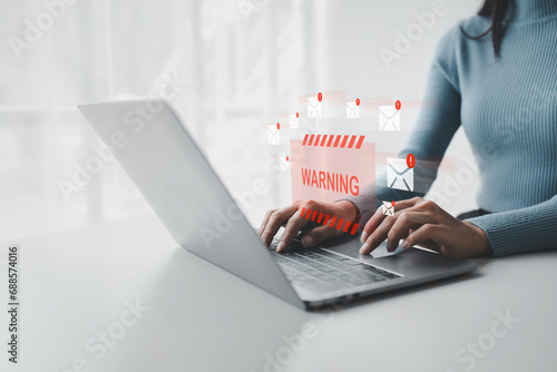 Spam email inbox notification, virus detection sent with email, warning to prevent computer virus infection, virus scanning, spam email dangerous equipment, warning symbol. photo
