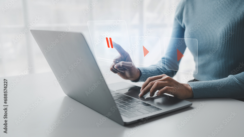 Concepts of watching video clips from video clip hosting service platforms, watching entertainment media on websites or applications, uploading video clips to earn money from the platform. Concepts of watching video clips from video clip hosting service platforms, watching entertainment media on websites or applications, uploading video clips to earn money from the platform.