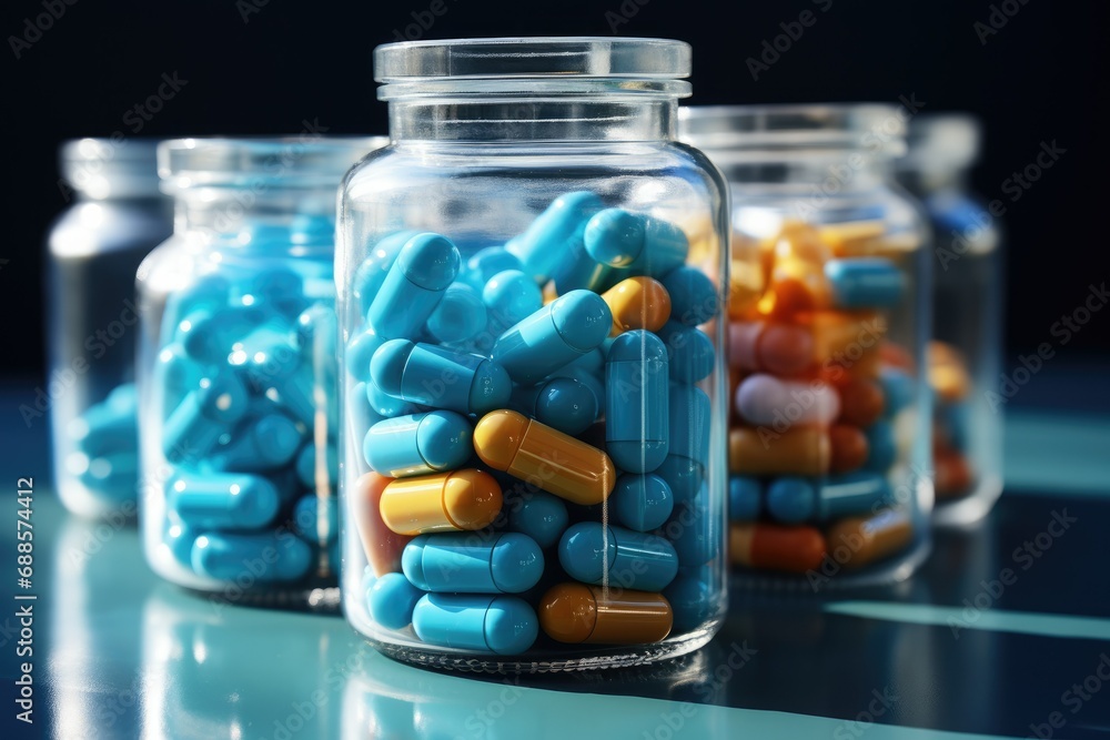 Vitamins capsules in a white jar on a blue background, photo, clarity, subject photo professional photo Vitamins capsules in a white jar on a blue background, photo, clarity, subject photo professional photo