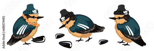 A set of cute sparrows in a sports uniform with seeds. Funny cartoon illustration of small birds. Gold chain, hat, sports patches on the wings. City dwellers, a dangerous bird. A fun collection