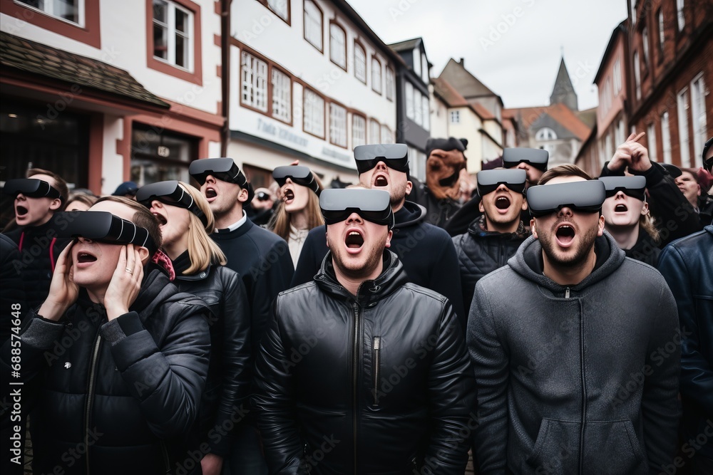 Enthusiastic Crowd Experiencing the Thrill of Virtual Reality Outdoors with VR Headsets Enthusiastic Crowd Experiencing the Thrill of Virtual Reality Outdoors with VR Headsets