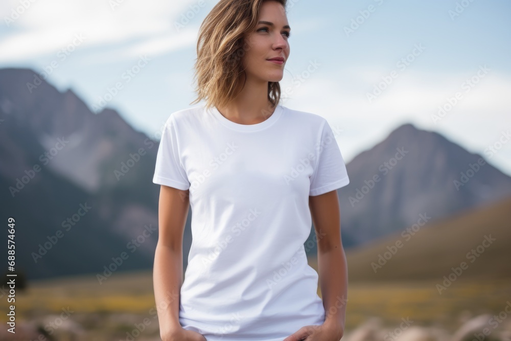White blank t shirt mock up. Woman with mountains