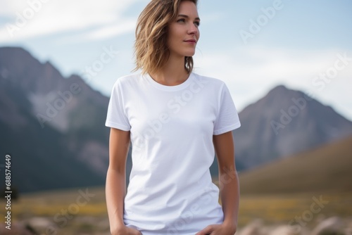 White blank t shirt mock up. Woman with mountains photo