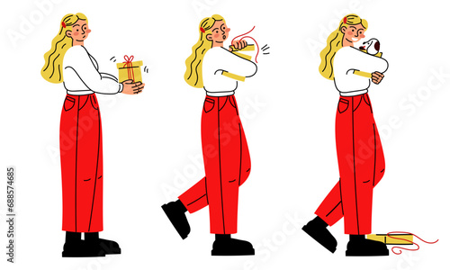 A set of one girl in different poses opens a gift. They give you a puppy. A dog as a gift for a holiday. Birthday, New Year, Christmas, Valentine's Day. A beloved pet. Isolated vector, characters