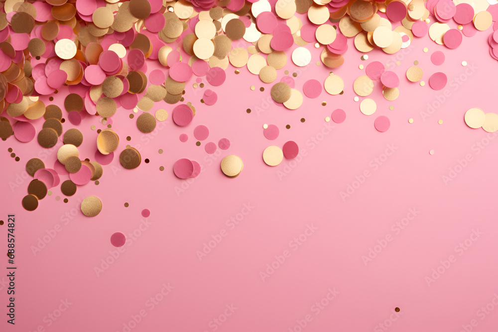 Golden glitter confetti on pink background. Generated AI Golden glitter confetti on pink background. Generated AI