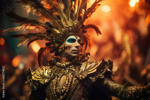 Carnival beautiful king, adorned in an elaborate headdress and a stunning gown, leading the parade in Brazil