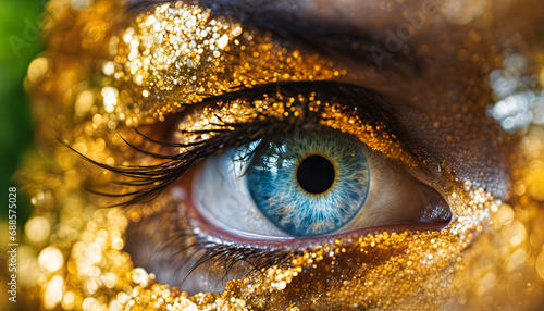 Eye painted for Carnival with gold paint. Generative AI.