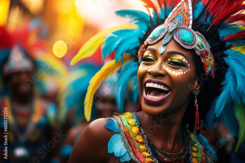 A smiling woman of samba dancers in vibrant costumes, parading down the streets of Brazil during the carnival