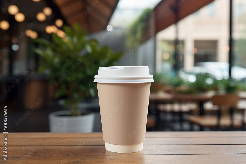 Paper cup with lid for tea Home coffee is on the table. There is space for text in the background. Generated AI Paper cup with lid for tea Home coffee is on the table. There is space for text in the background. Generated AI