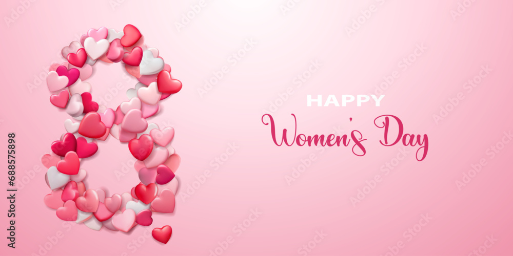 Woman's day illustration with many red and pink hearts and holiday inscription