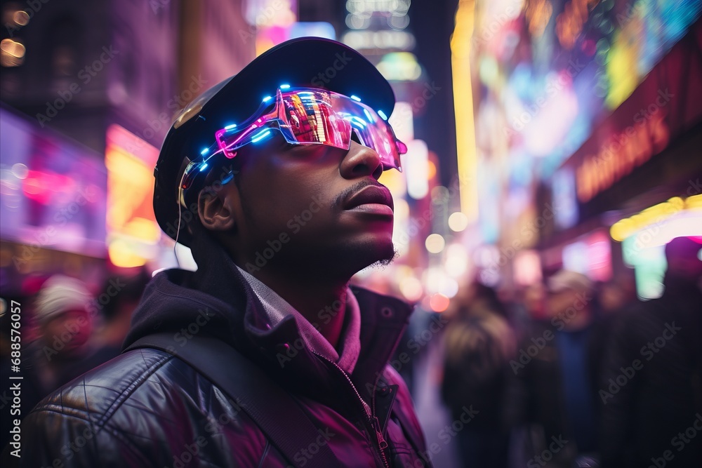 Young African American Man in VR Headset Exploring Virtual Reality Metaverse Under Neon Lights