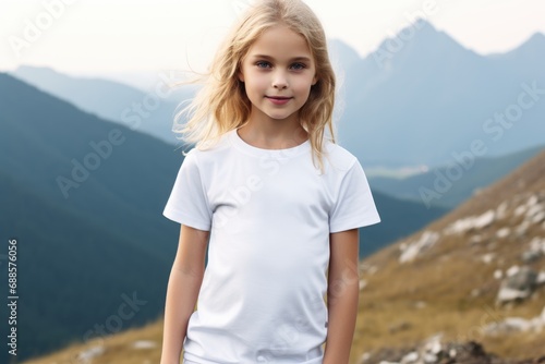 White blank t shirt mock up. Girl with mountains