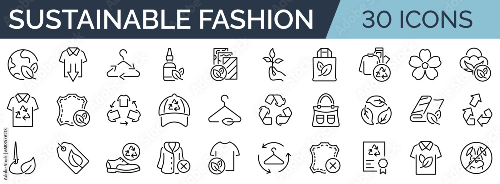 Set of 30 outline icons related to sustainable fashion. Linear icon collection. Editable stroke. Vector illustration - obrazy, fototapety, plakaty 