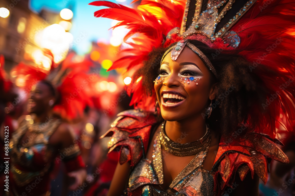 A group of samba dancers in vibrant costumes, parading down the streets of Brazil during the carnival