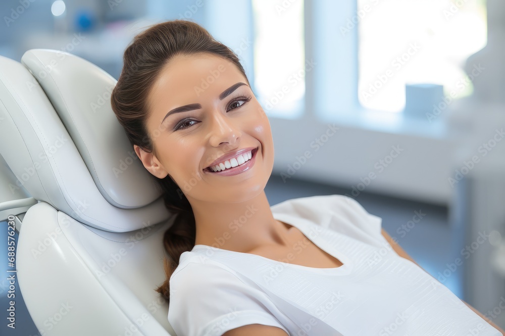 A young beautiful girl in a dentist chair smiling with beautiful white, healthy teeth. woman with white teeth