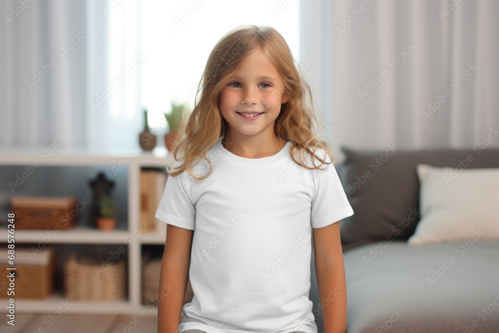 White blank t shirt mock up. Girl in room background White blank t shirt mock up. Girl in room background