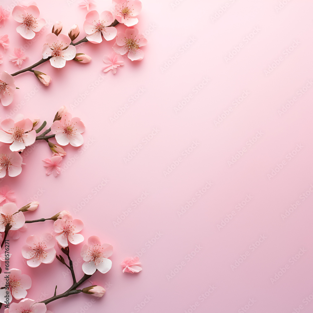 Fresh pink cherry blossoms on light pink background. Pastel color. Generated AI