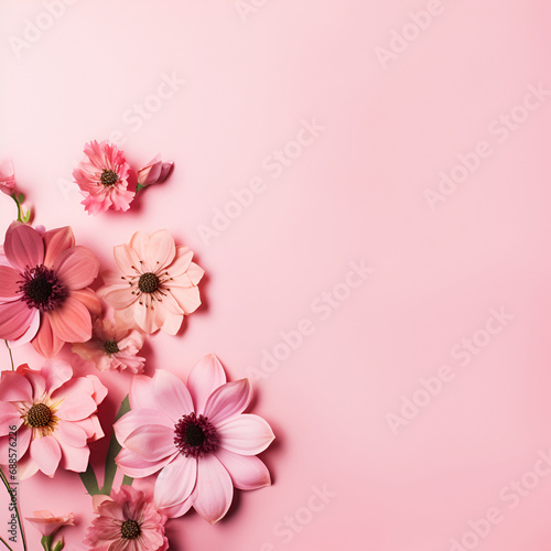 Fresh pink blossoms on light pink background. Pastel color. Generated AI
