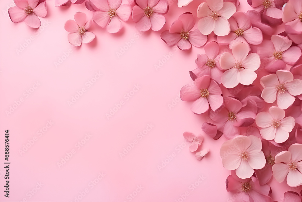 Fresh pink cherry blossoms on light pink background. Pastel color. Generated AI