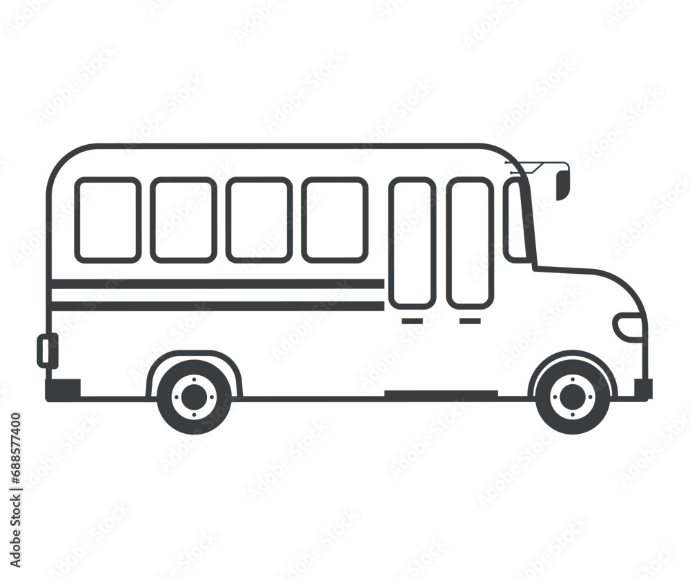 Element of Back to school themed set in black line design. The black-outlined school bus, an unmistakable symbol of the back-to-school season. Vector illustration.
