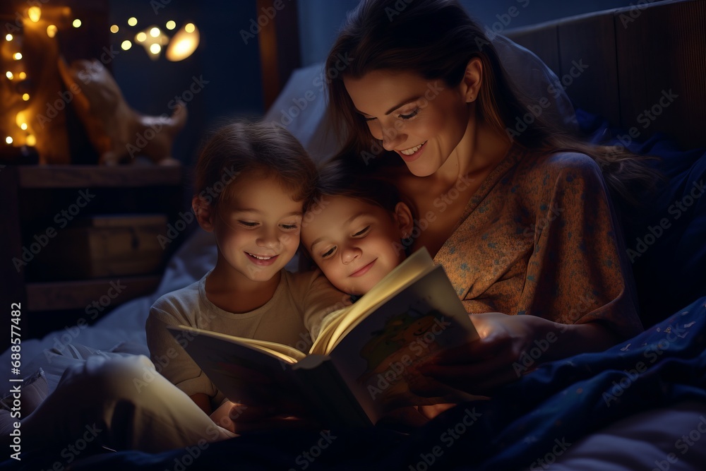 Mother with kids reading book in the bed at night Mother with kids reading book in the bed at night