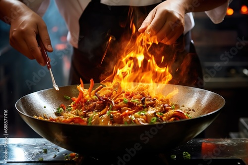 Chef hands keep wok with fire. Closeup chef hands cook food with fire. Chef man burn food at professional kitchen
