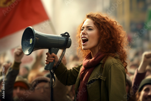 A woman holding a megaphone in front of a crowd. Women's day concept. Generative AI photo