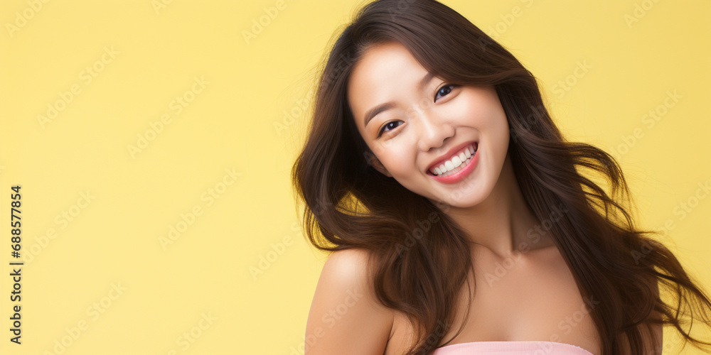 Happy Asian Woman. Portrait of Beautiful Young Smiling Woman Isolated on Yellow Background. Anti-aging Skin Care Face Beauty Product. Banner with Copy Space. Happy Asian Woman. Portrait of Beautiful Young Smiling Woman Isolated on Yellow Background. Anti-aging Skin Care Face Beauty Product. Banner with Copy Space.