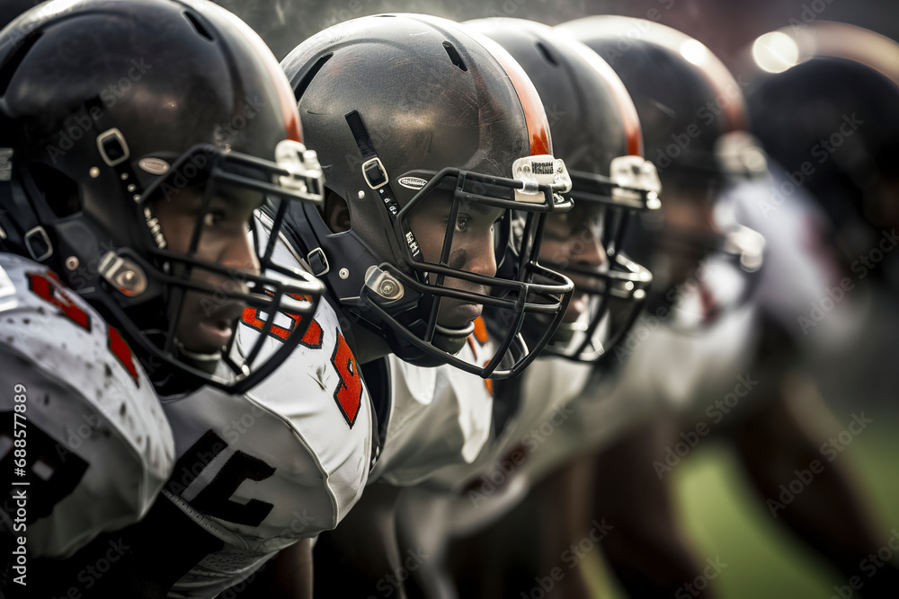 American football players in helmets and jerseys are lined up on the field, ready for the game. The background is blurred, focusing on the players, ai generative American football players in helmets and jerseys are lined up on the field, ready for the game. The background is blurred, focusing on the players, ai generative