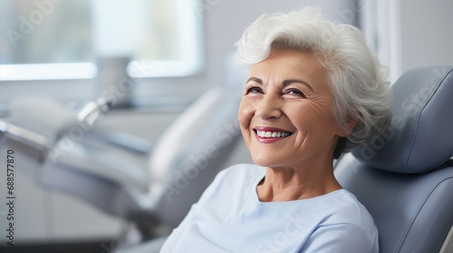 An elderly woman at the dental clinic smiles a smile with white, straight teeth. An appointment with a dentist photo