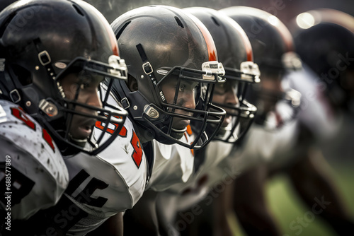 American football players in helmets and jerseys are lined up on the field, ready for the game. The background is blurred, focusing on the players, ai generative