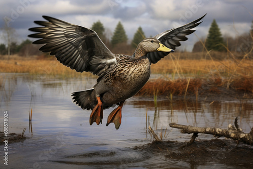 Mallard duck in flight over lake