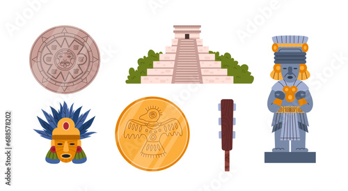 Mayan idol, coins, pyramid and statue tribal totem religious symbol, ancient civilization culture vector isolated set