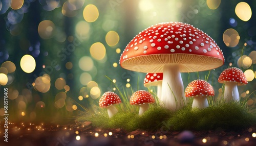 3d render of fly agaric mushroom in a forest with bokeh lights 3d illustration of abstract background with bokeh lights and mushrooms ai generated photo