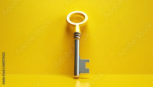one single yellow key on flat bright yellow background minimalism concept 3d render illustration photo